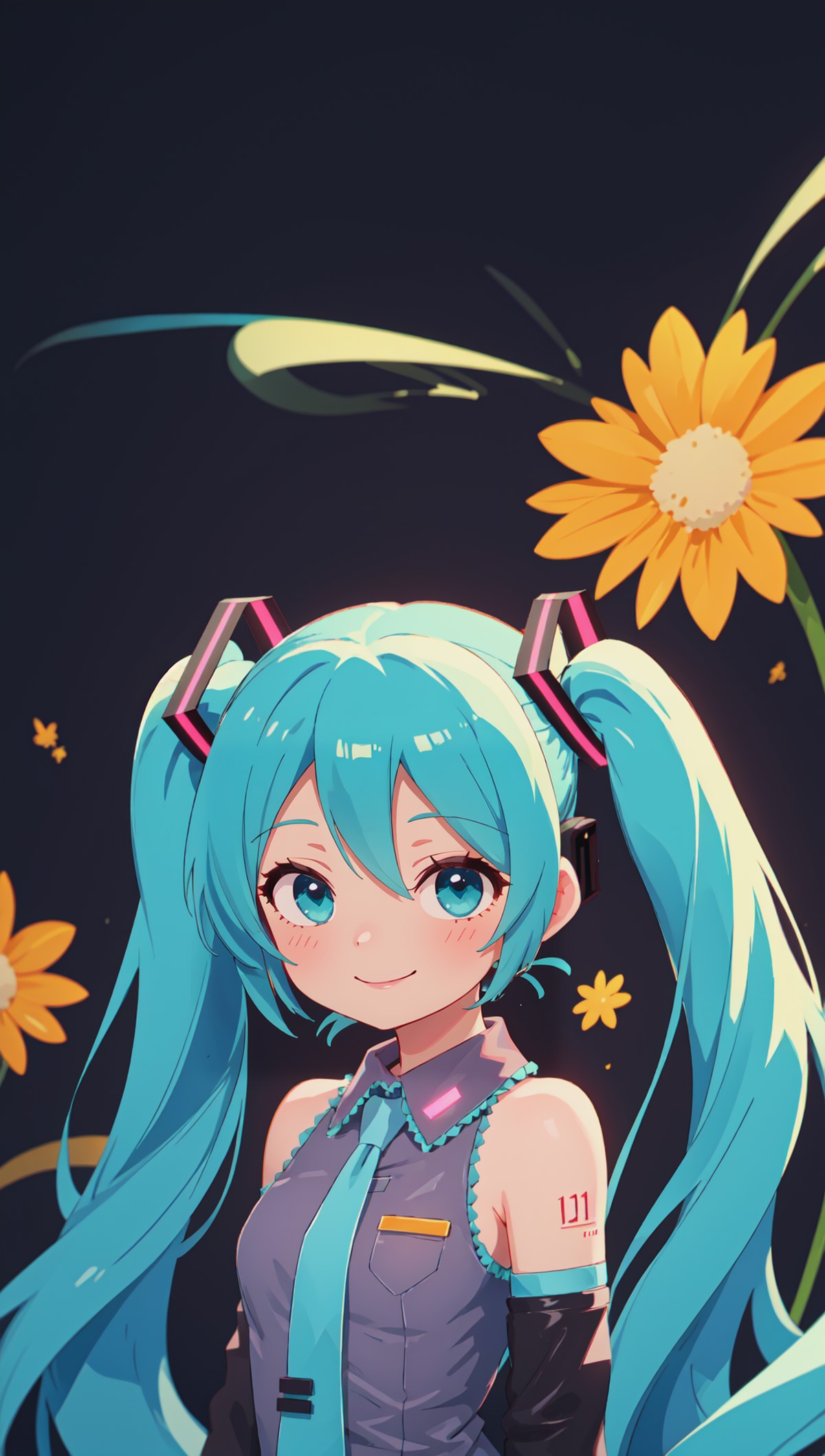 masterpiece, best quality, hatsune miku, 1girl, solo, upper body, blush, twintails, smile, bare shoulders, blue hair, blac...